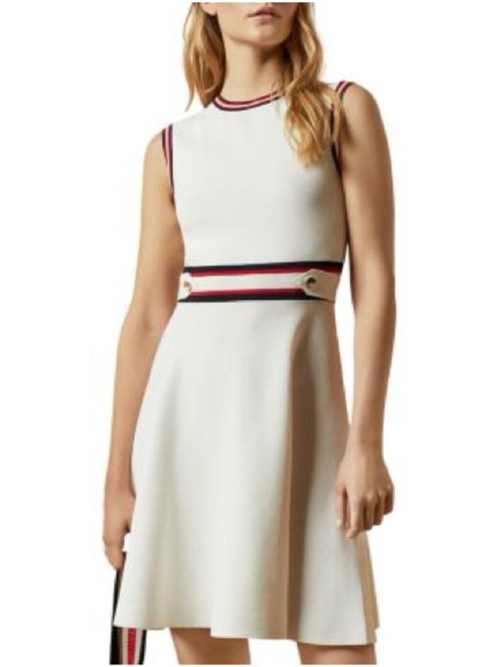 New TED BAKER Apryll Knitted Skater Dress (Ivory w/ red+blue striped details)